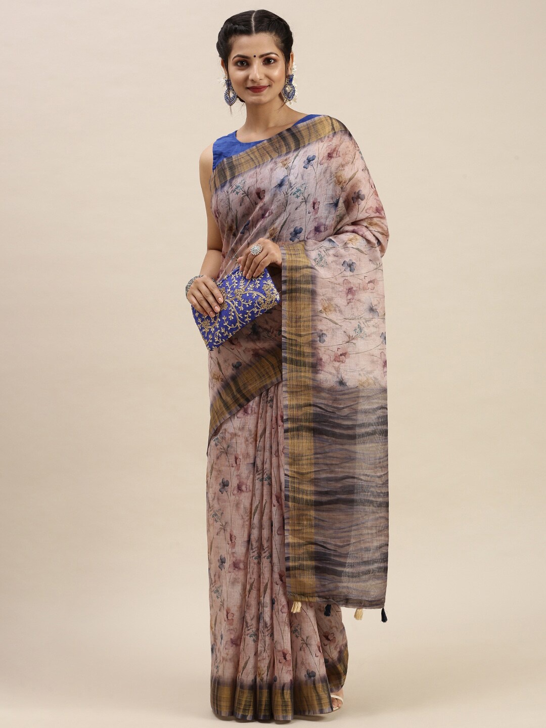 

Ramraj Pink & Grey Floral Zari Pure Linen Saree