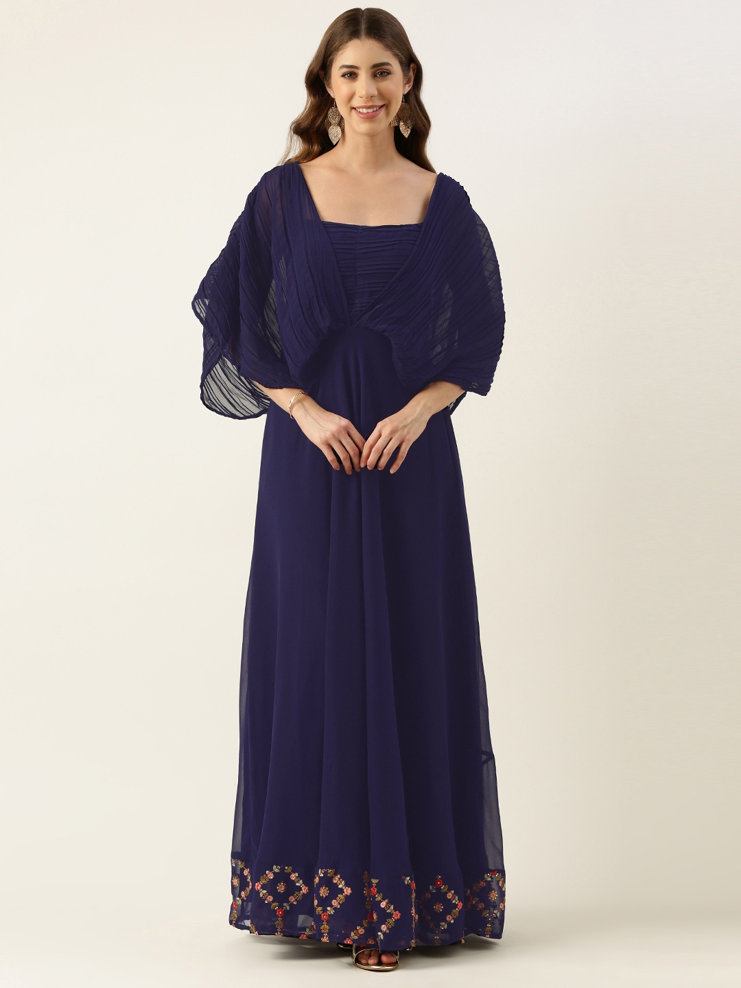 

Ethnovog Floral Embroidered Georgette Maxi Ethnic Dress, Navy blue