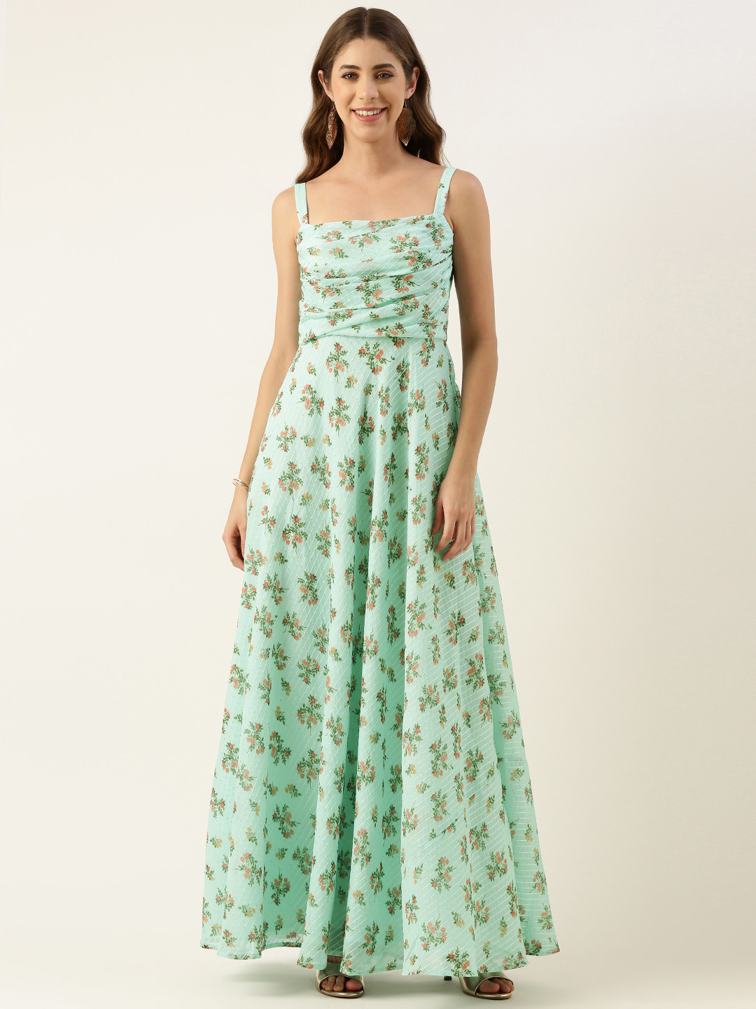 

Ethnovog Floral Georgette Maxi Ethnic Dress, Sea green