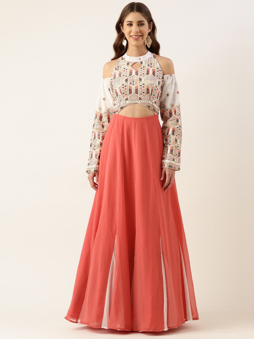 

Ethnovog Embellished Embroidered Keyhole Neck Georgette Maxi Ethnic Dress, Pink