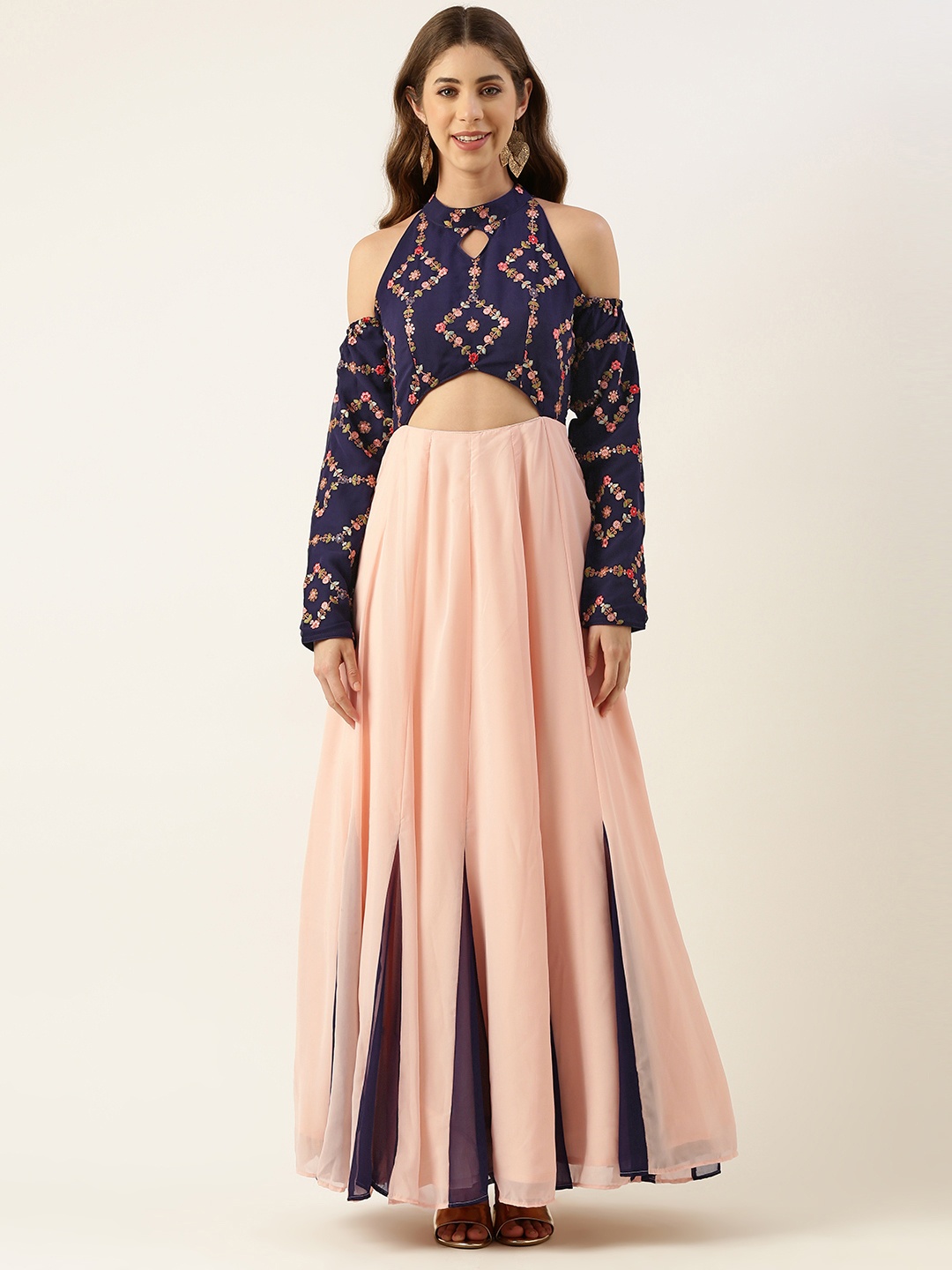 

Ethnovog Floral Embroidered Keyhole Neck Georgette Maxi Ethnic Dress, Peach