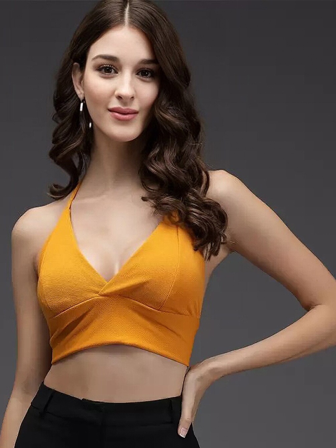 

Womenster Mustard Yellow Crepe Bralette Crop Top