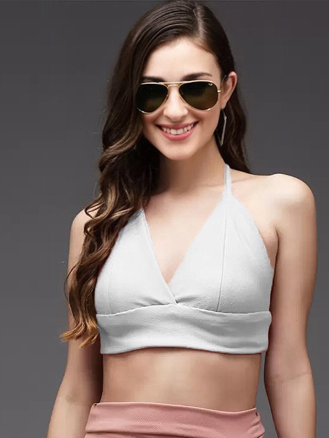 

Womenster White Halter Neck Crepe Bralette Crop Top