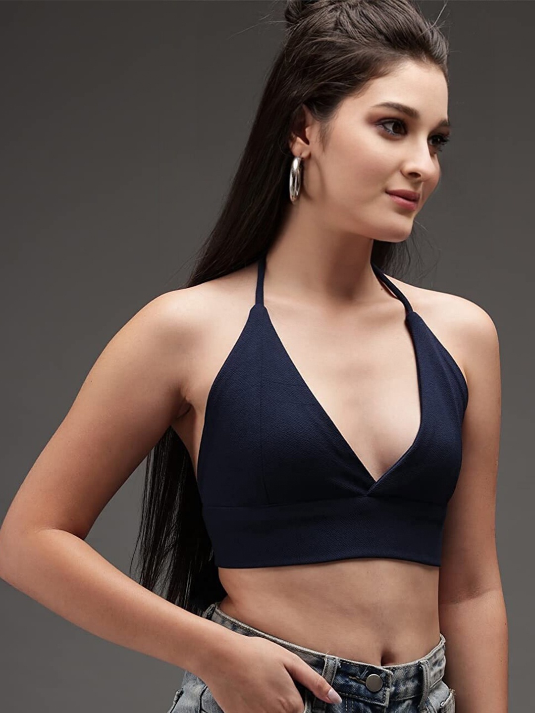 

Womenster Navy Blue Halter Neck Crepe Bralette Crop Top