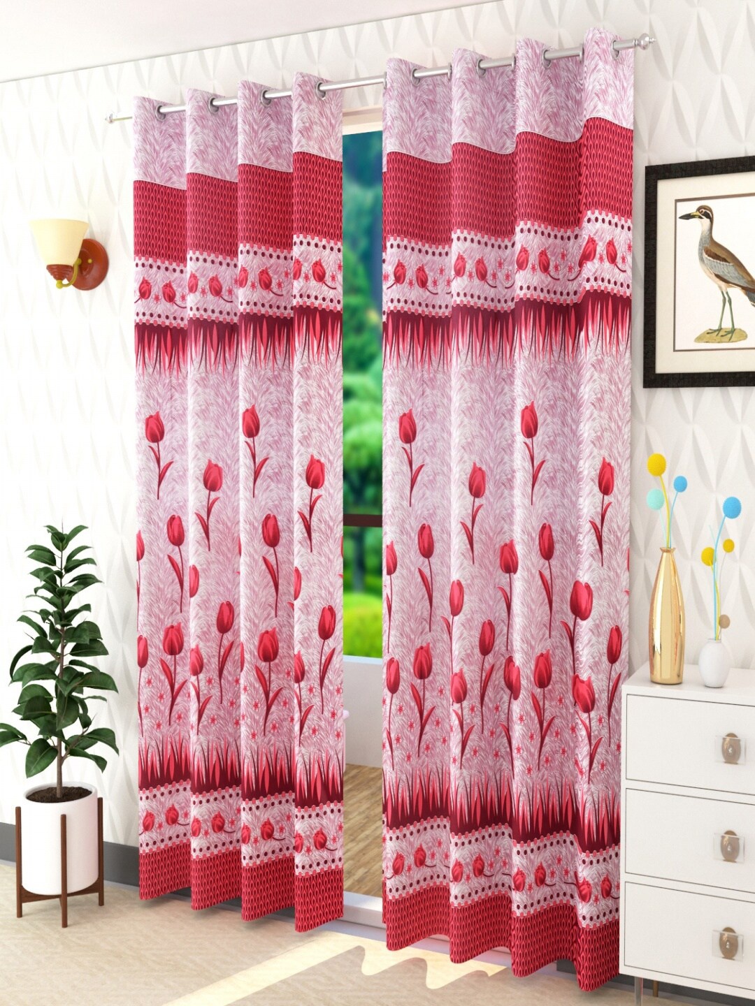 

Homefab India Maroon & White Set of 2 Floral Long Door Curtains - 9 Feet