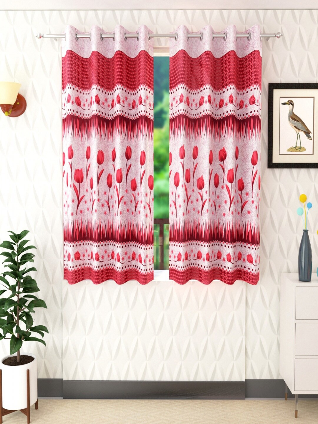 

Homefab India Panelrose Maroon & Pink Set Of 2 Floral Window Curtains