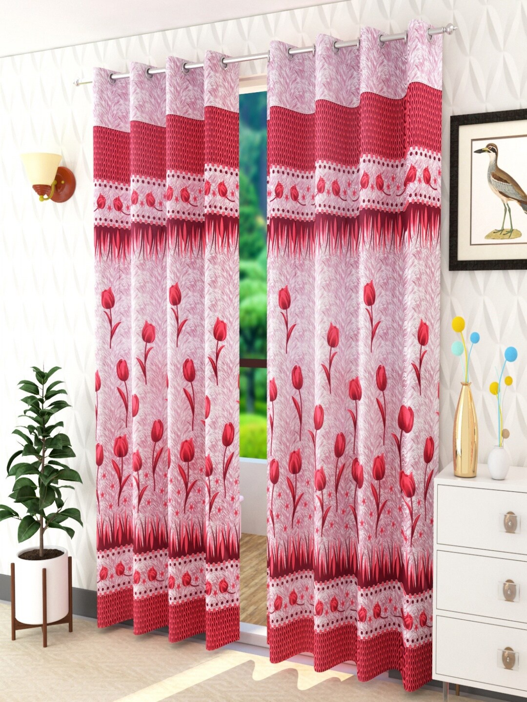 

Homefab India Maroon & White Set of 2 Floral Door Curtains - 7 Feet