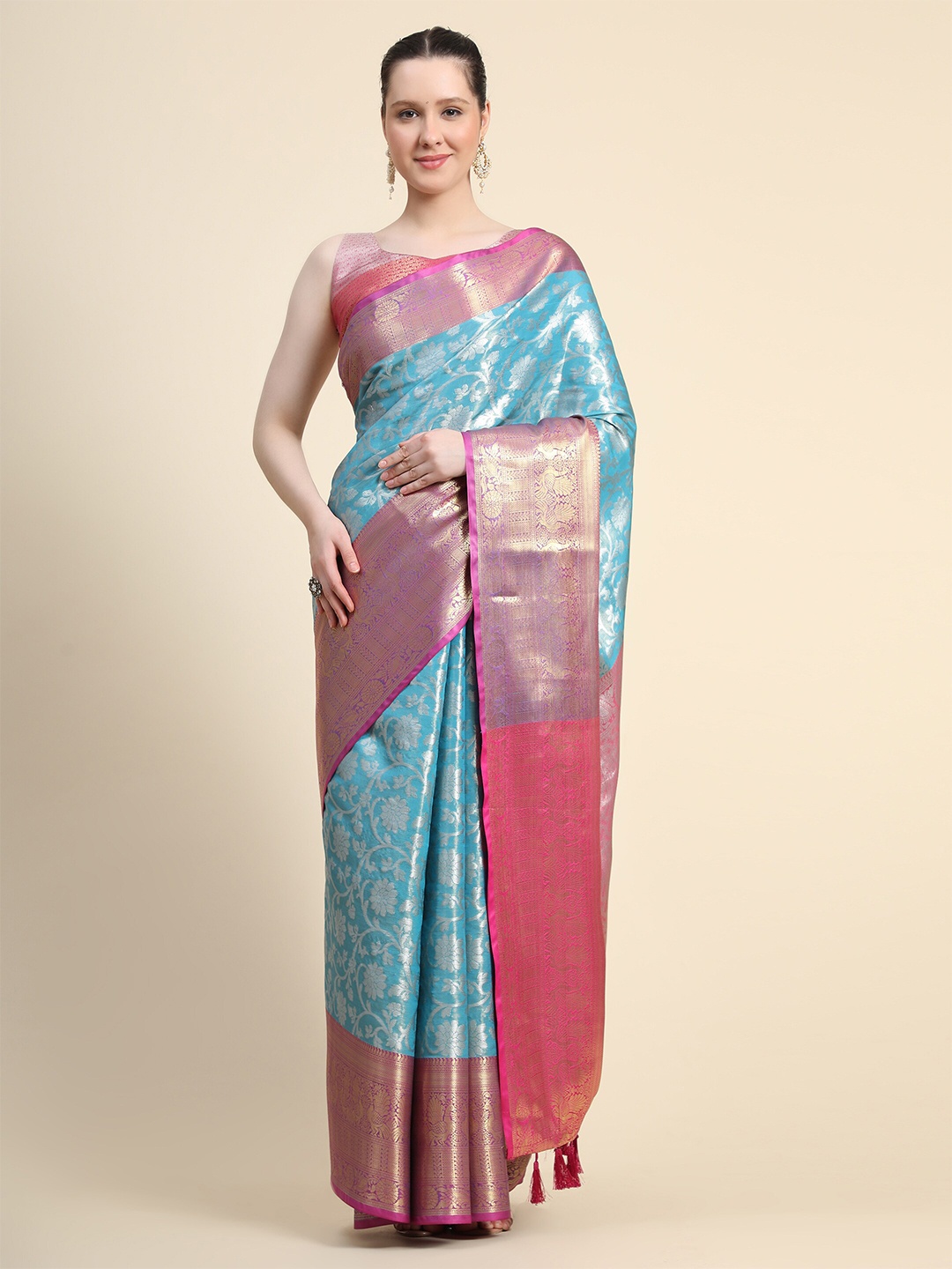 

Mitera Floral Zari Silk Blend Kanjeevaram Saree, Blue