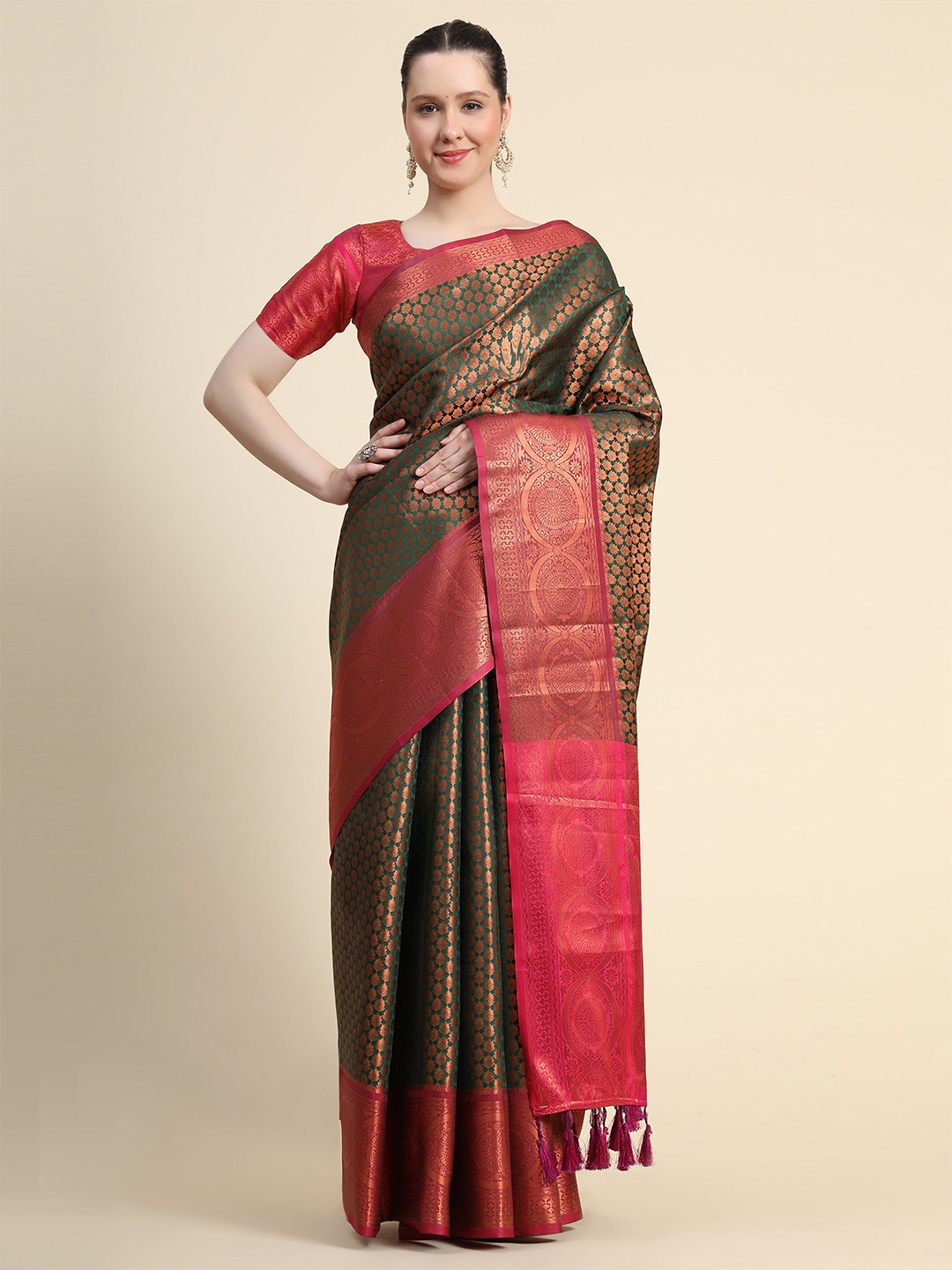 

Mitera Woven Design Zari Silk Kanjeevaram Saree, Green