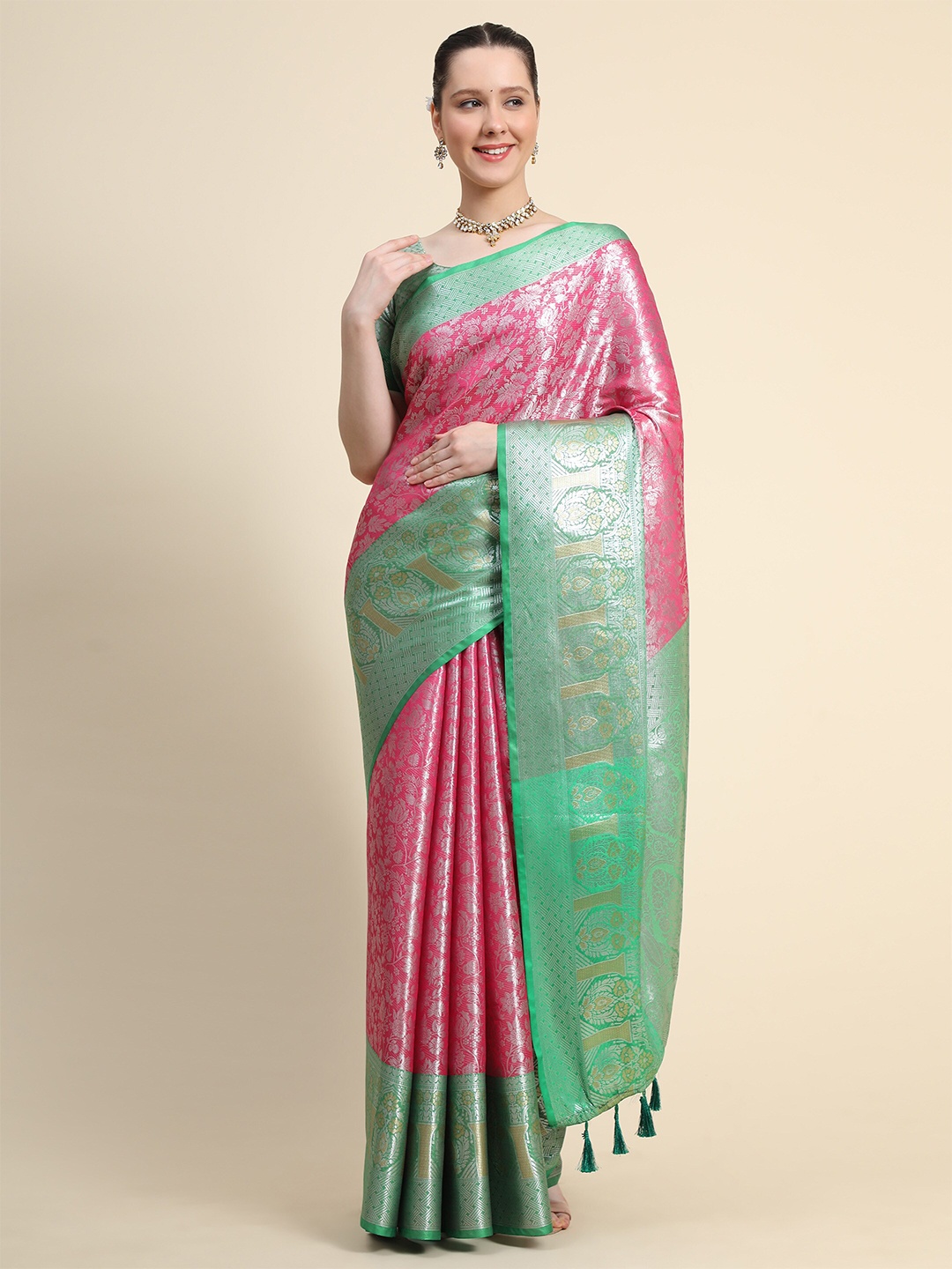 

Mitera Floral Zari Silk Kanjeevaram Saree, Pink
