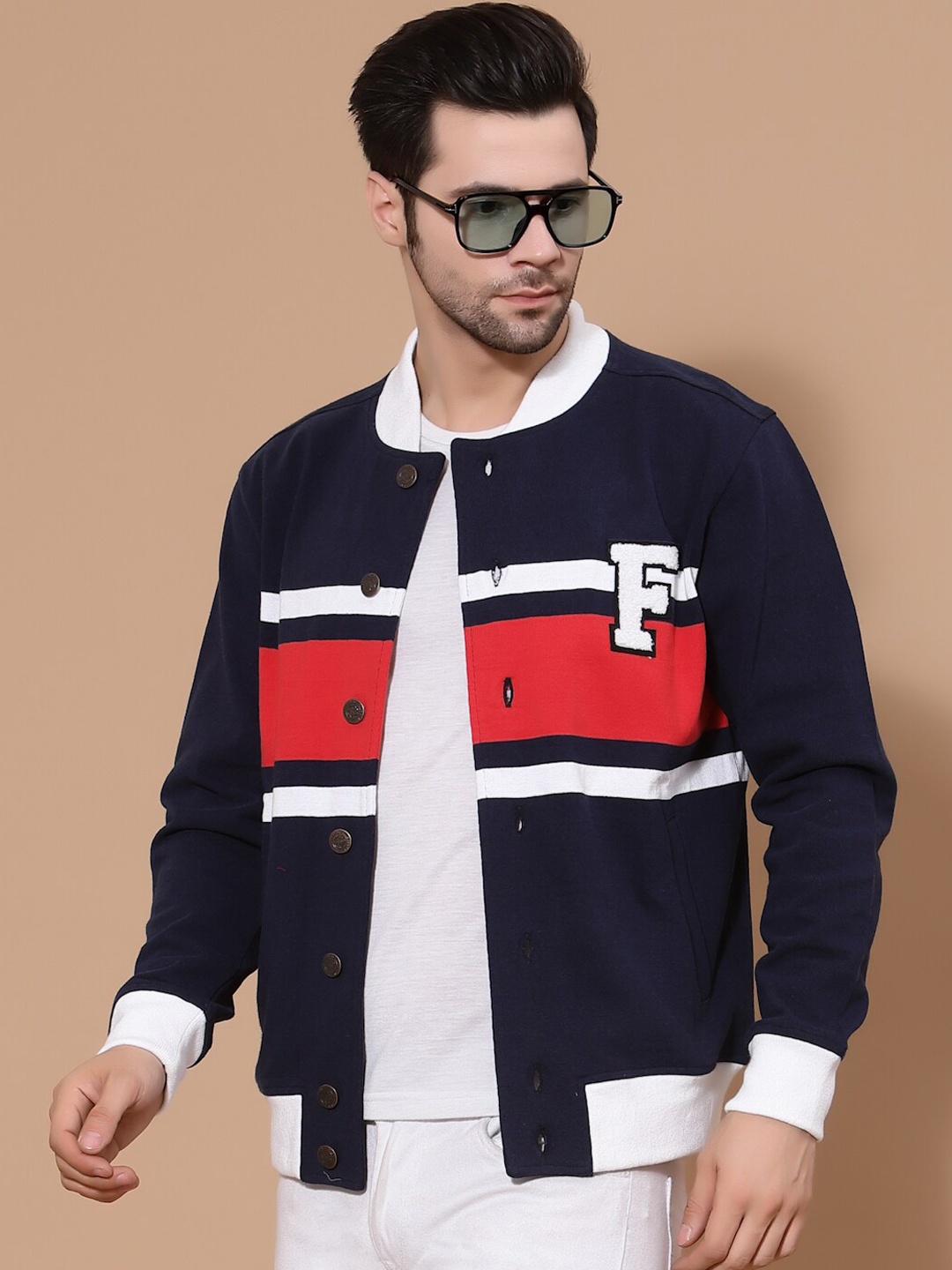 

FLAWLESS Men Colourblocked Cotton Bomber with Patchwork Jacket, Navy blue