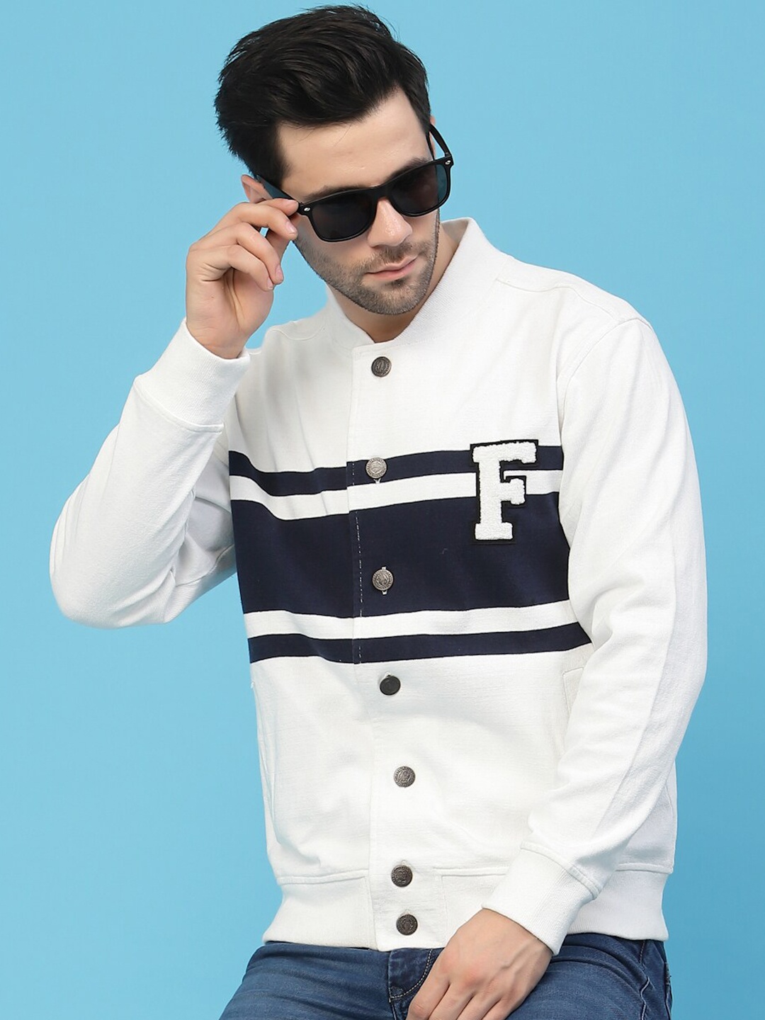 

FLAWLESS Men Colourblocked Bomber with Patchwork Jacket, White