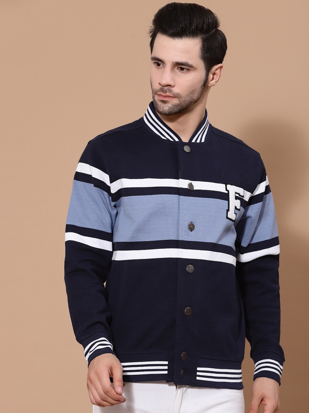 

FLAWLESS Men Colourblocked Cotton Bomber Jacket, Navy blue