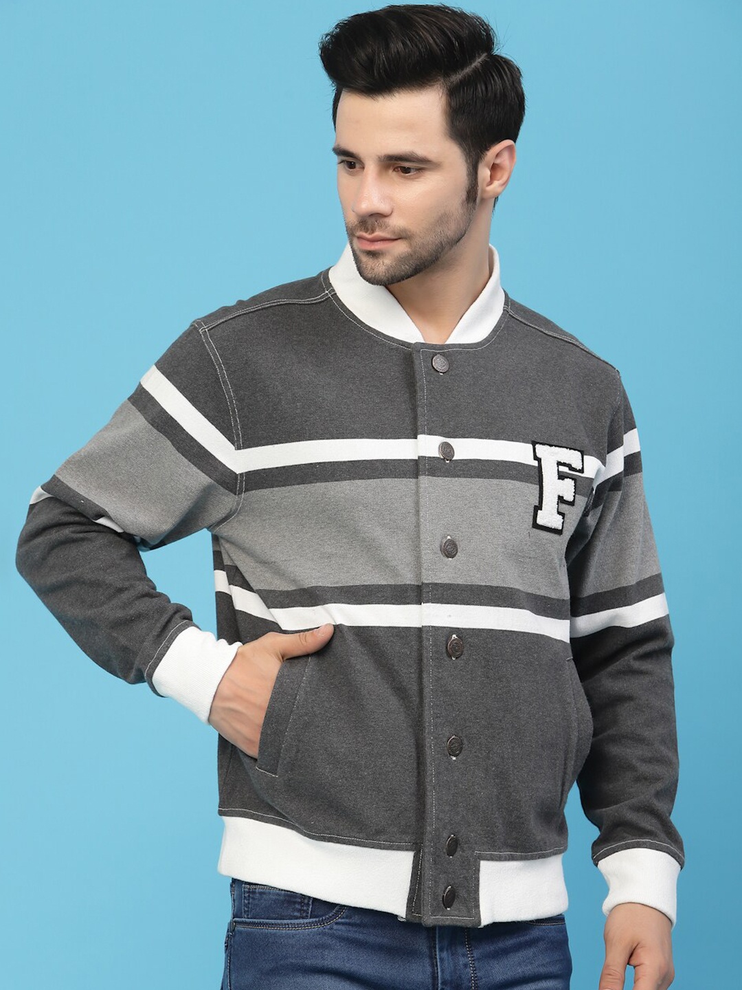 

FLAWLESS Men Grey Colourblocked Cotton Bomber with Patchwork Jacket