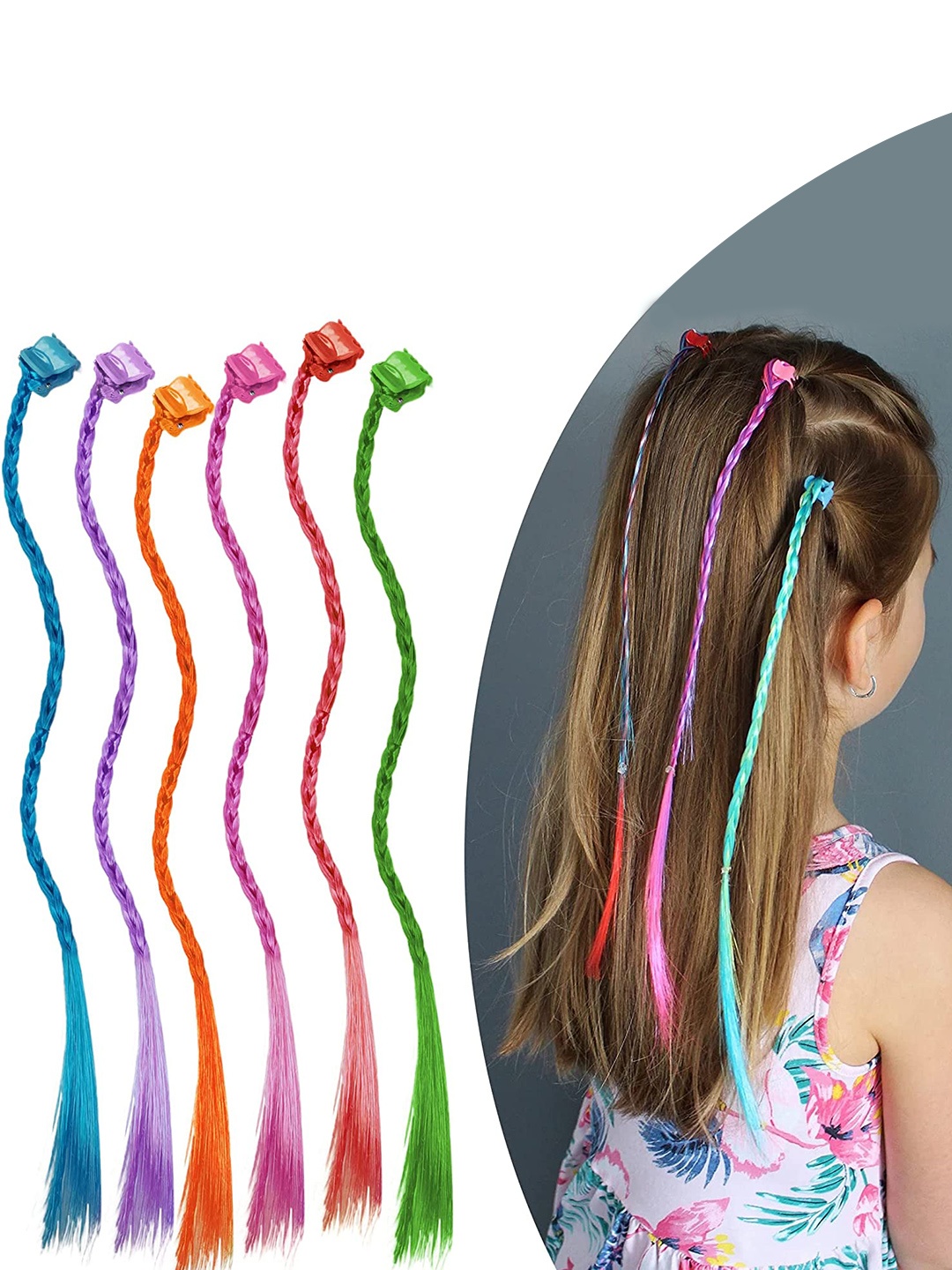 

CHANDERKASH Set Of 6 Coloured Synthetic Hair Extensions With Clips, Multi