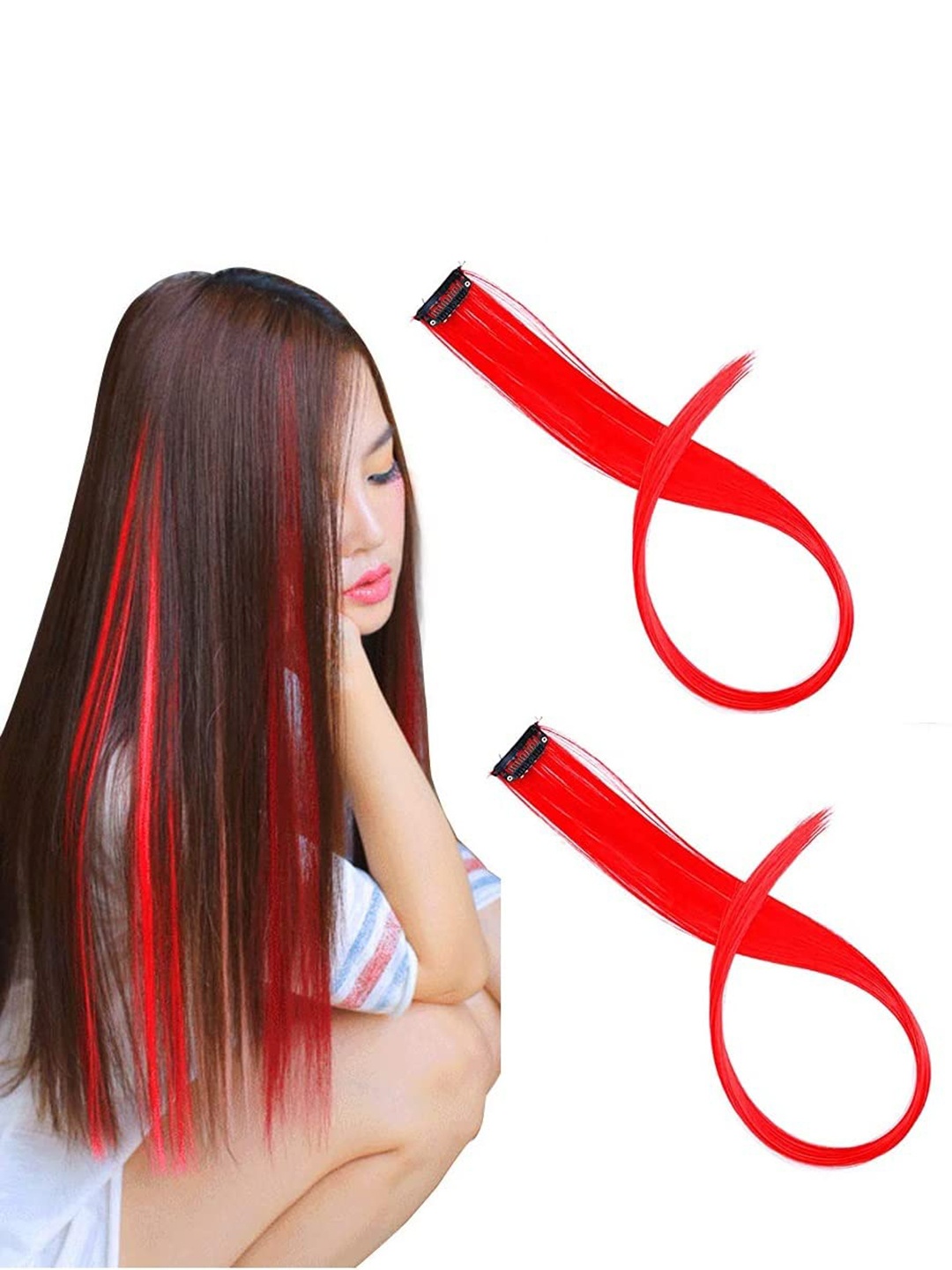 

CHANDERKASH Set of 2 Straight Single Clip Hair Streak Color Hair Extension - Red