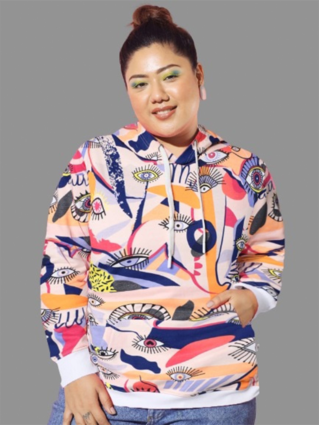 

BEYOUND SIZE - THE DRY STATE Women Printed Fleece Hooded Sweatshirt, Off white