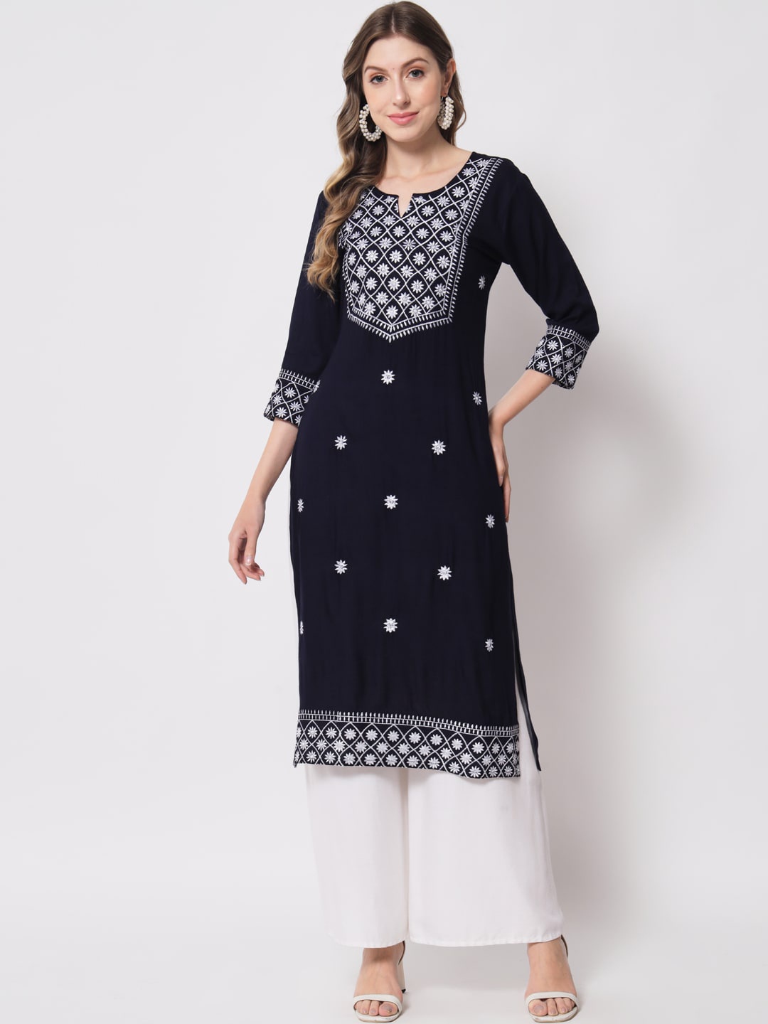 

ADORRO Floral Yoke Design Thread Work Kurta, Blue