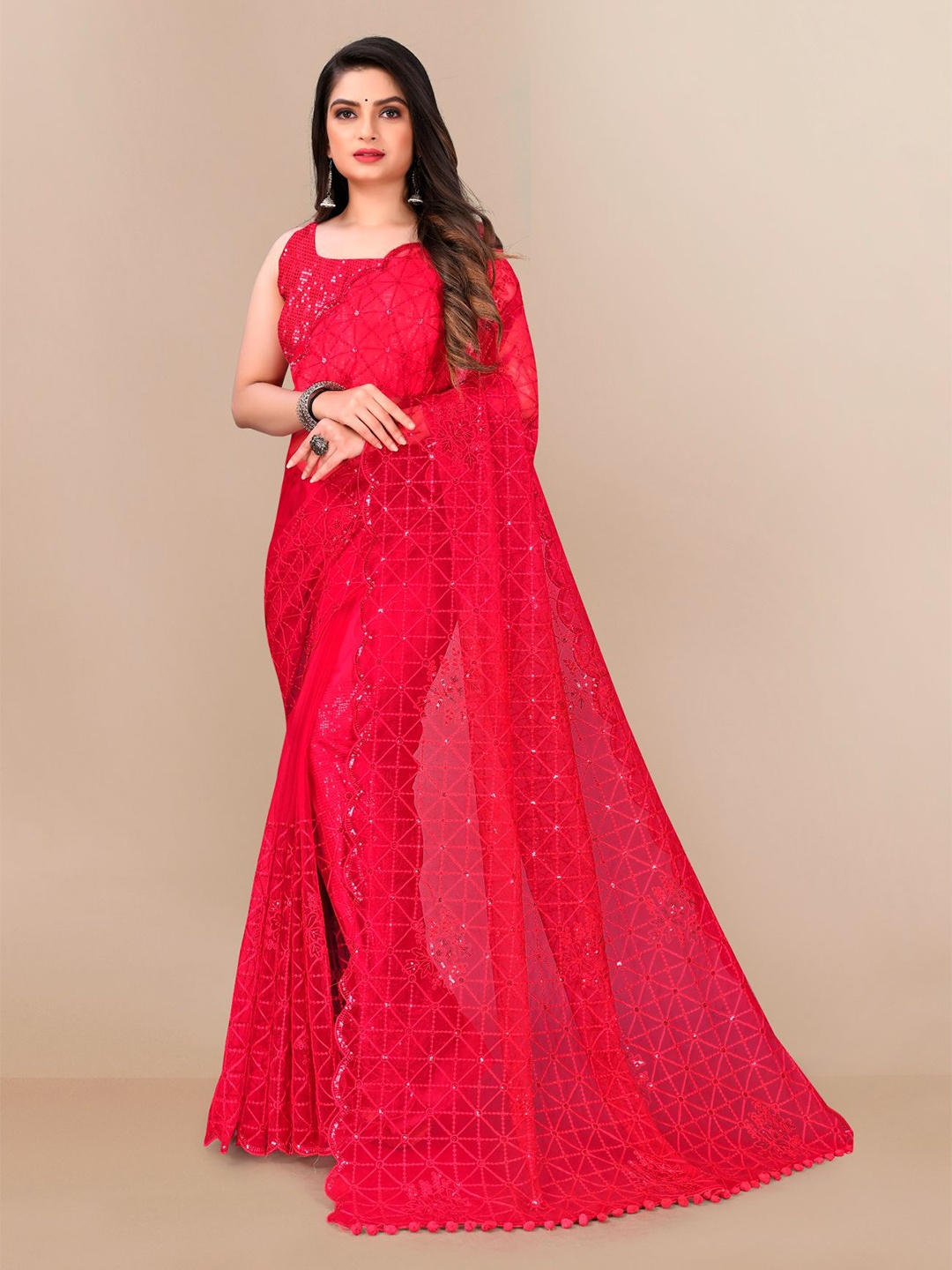 

VAIRAGEE Embellished Sequinned Net Saree, Pink