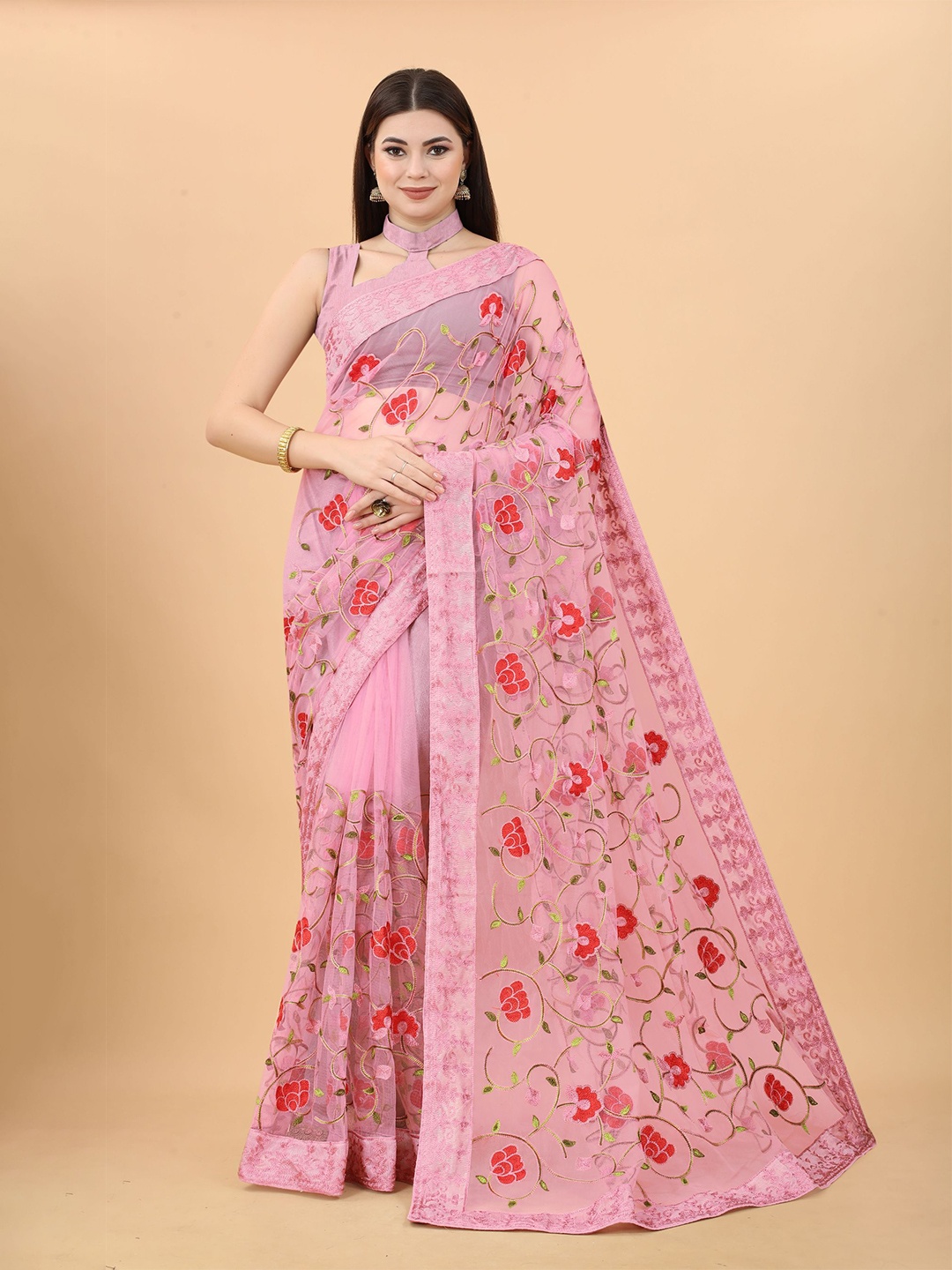 

VAIRAGEE Floral Embroidered Net Saree, Pink