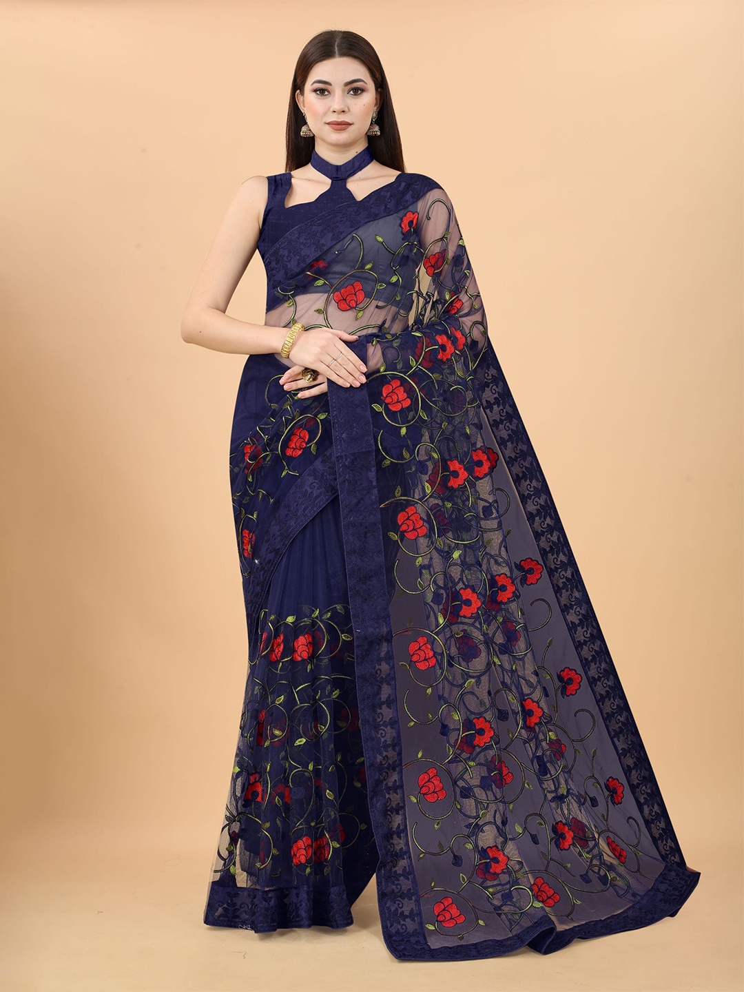 

VAIRAGEE Floral Embroidered Net Saree, Navy blue