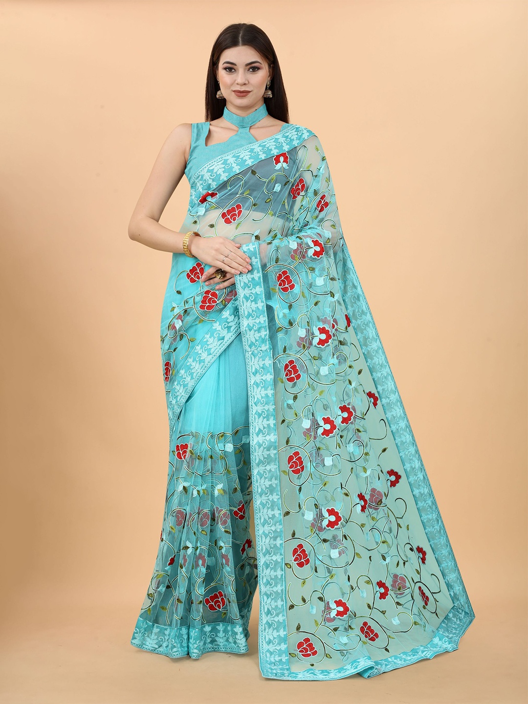 

VAIRAGEE Floral Embroidered Net Saree, Blue