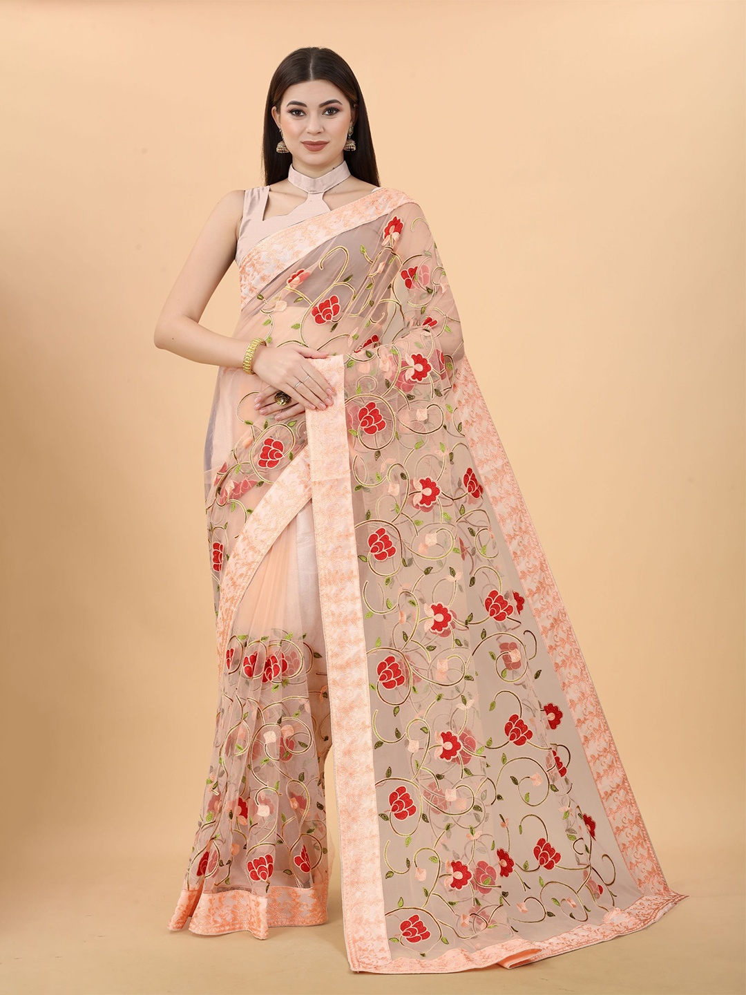 

VAIRAGEE Floral Embroidered Net Saree, Peach