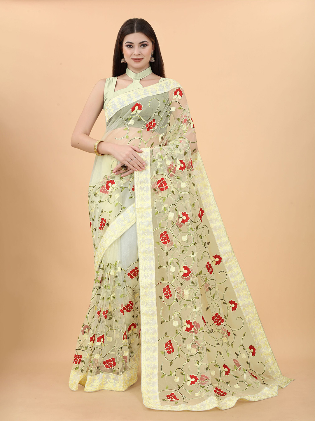 

VAIRAGEE Floral Embroidered Net Saree, Yellow
