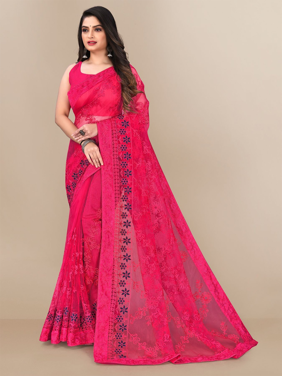 

VAIRAGEE Floral Embroidered Net Saree, Rose