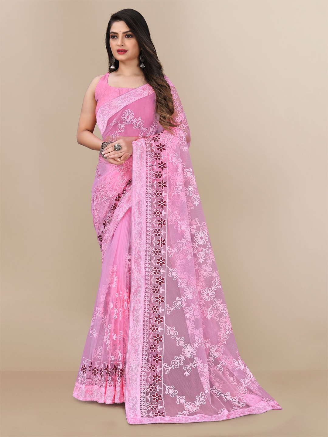 VAIRAGEE Floral Embroidered Net Saree, Pink