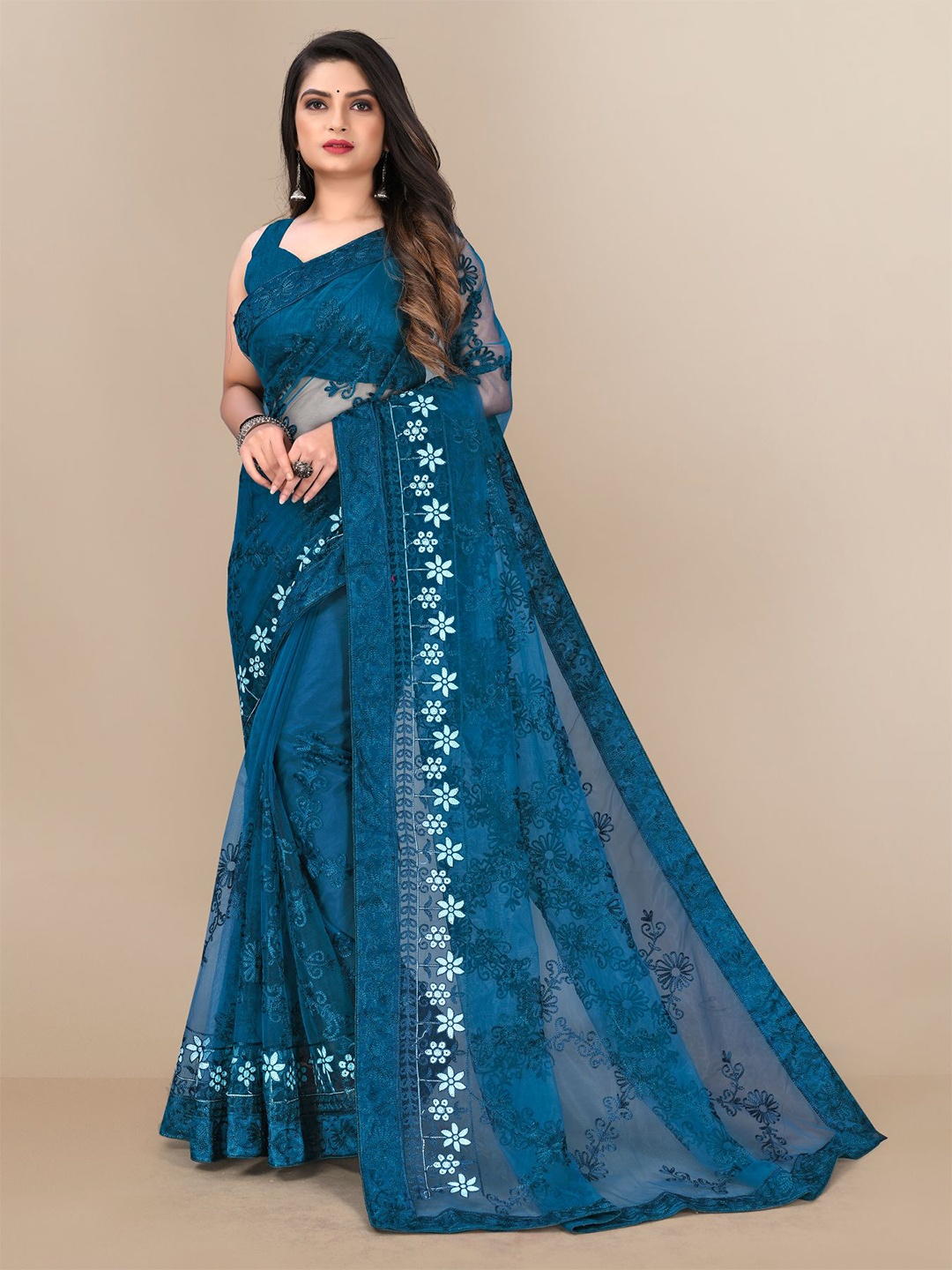

VAIRAGEE Floral Embroidered Net Saree, Teal