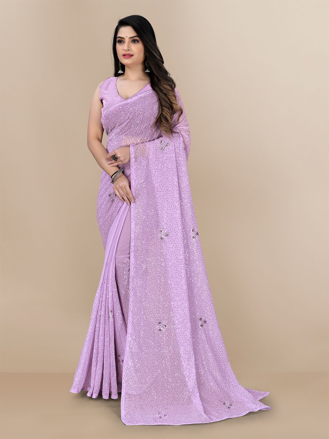 

VAIRAGEE Printed Embellished Sequinned Saree, Fuchsia