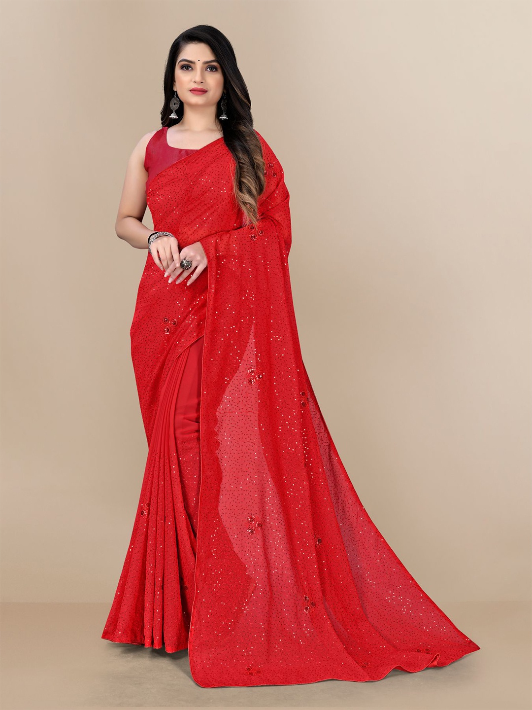 VAIRAGEE Printed Embellished Sequinned Saree, Red