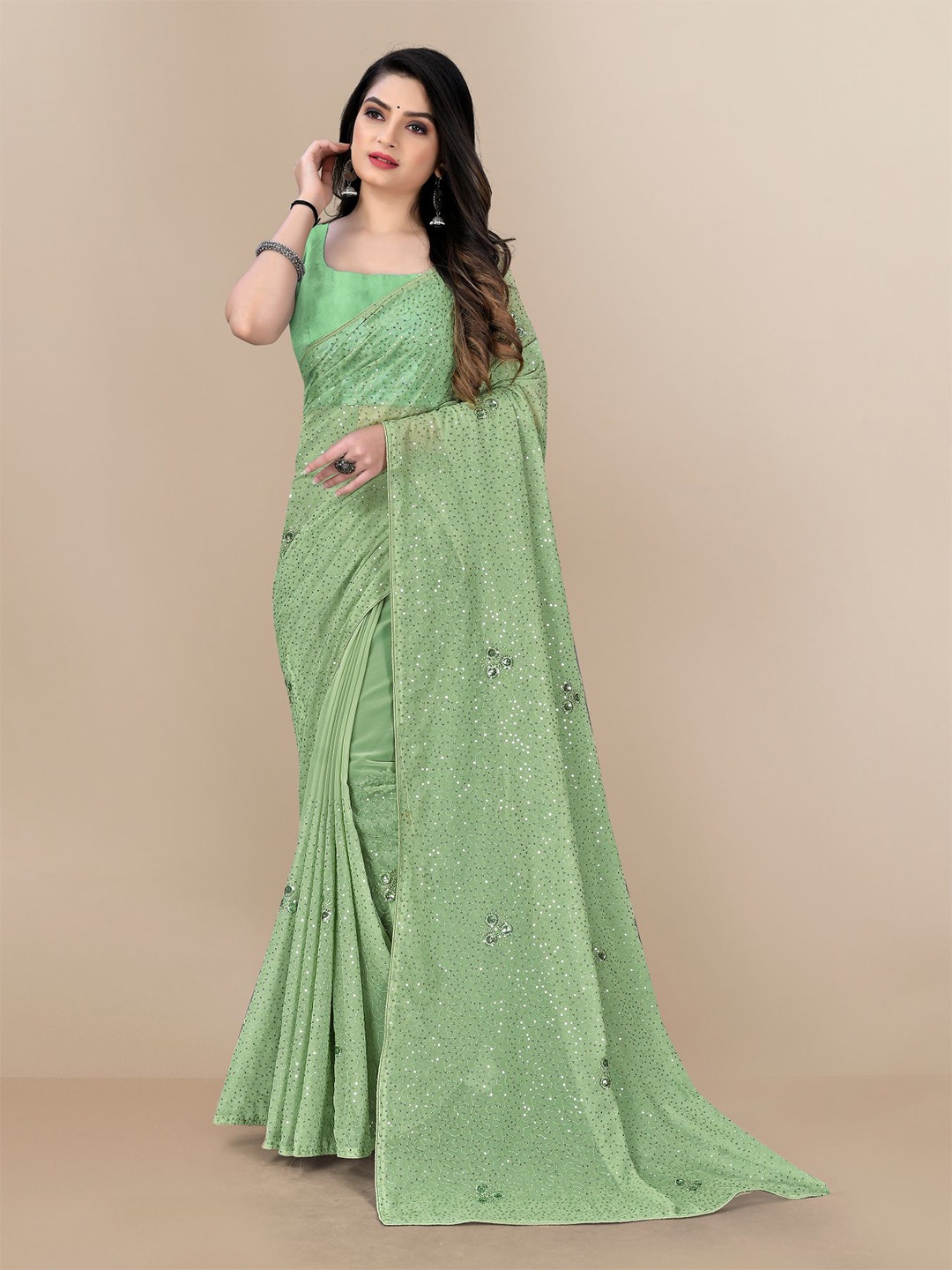 VAIRAGEE Printed Embellished Sequinned Saree, Sea green