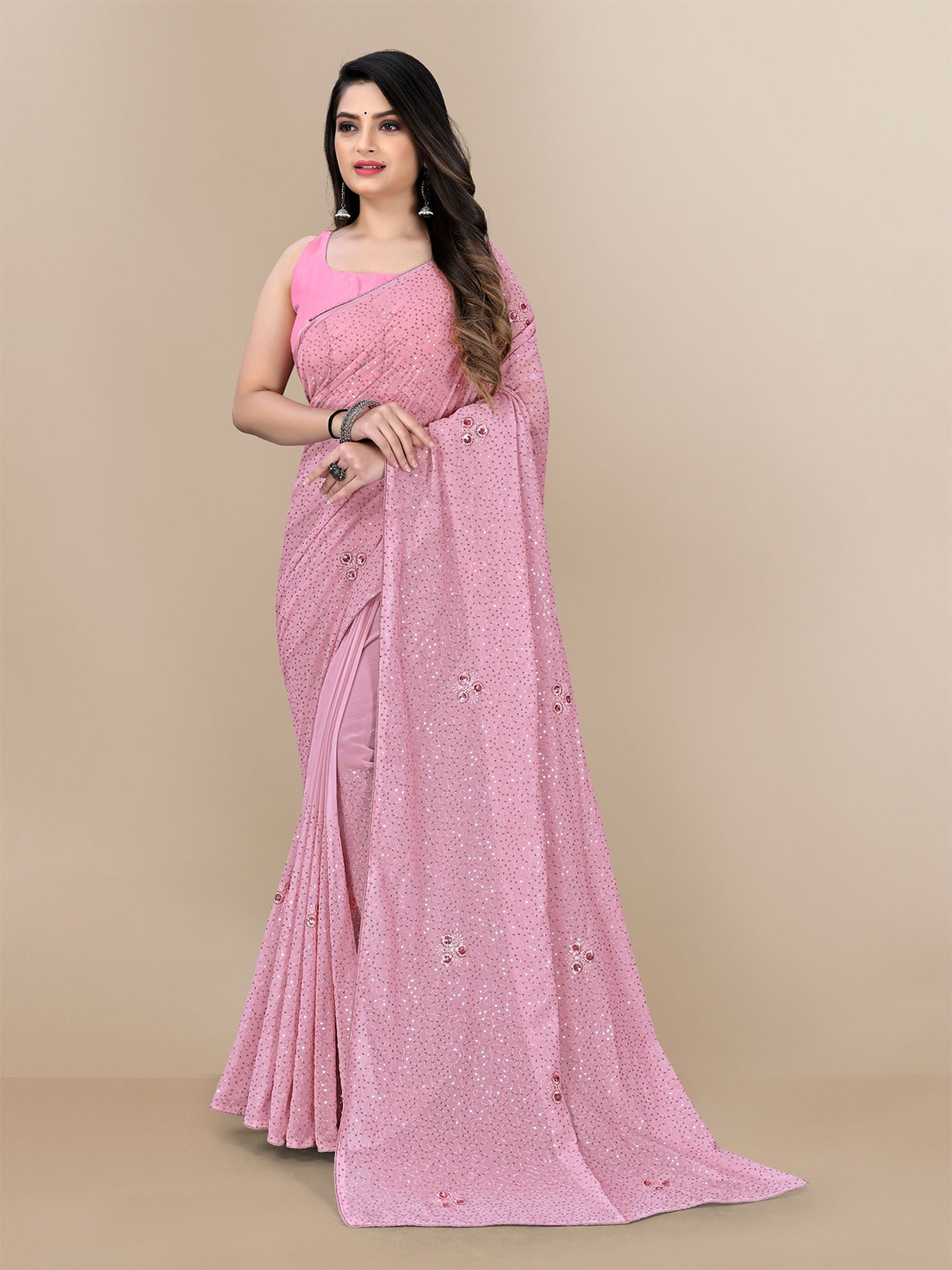 

VAIRAGEE Printed Embellished Sequinned Saree, Pink