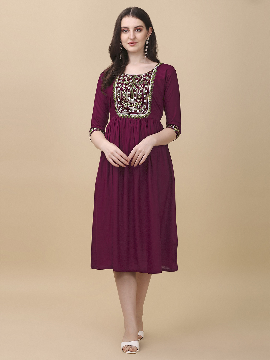 

Paralians Ethnic Motifs Embroidered Ethnic Midi Ethnic Dress, Purple