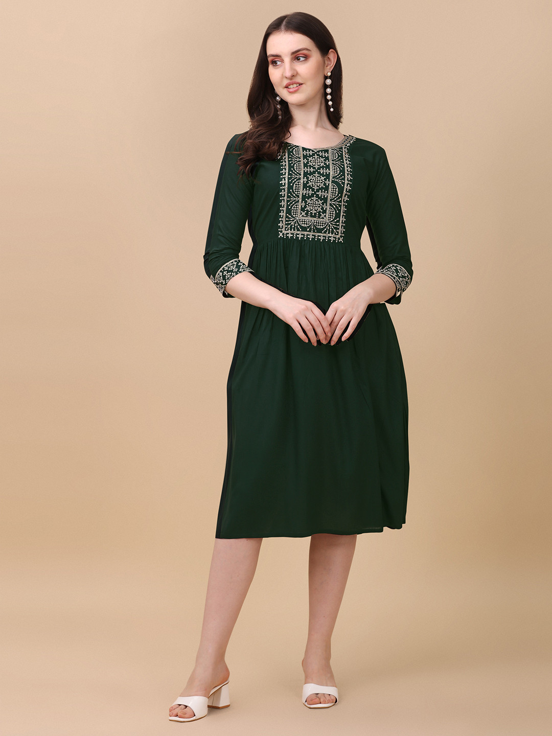 

Paralians Embroidered Round Neck A-Line Dress, Green