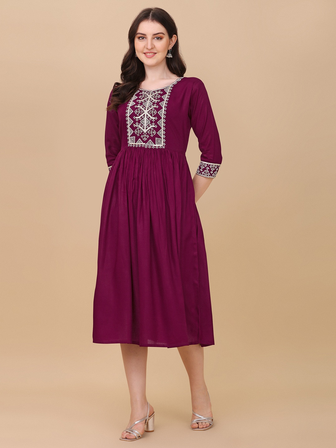 

Paralians Fit & Flare Embroidered Ethnic Midi Dress, Purple