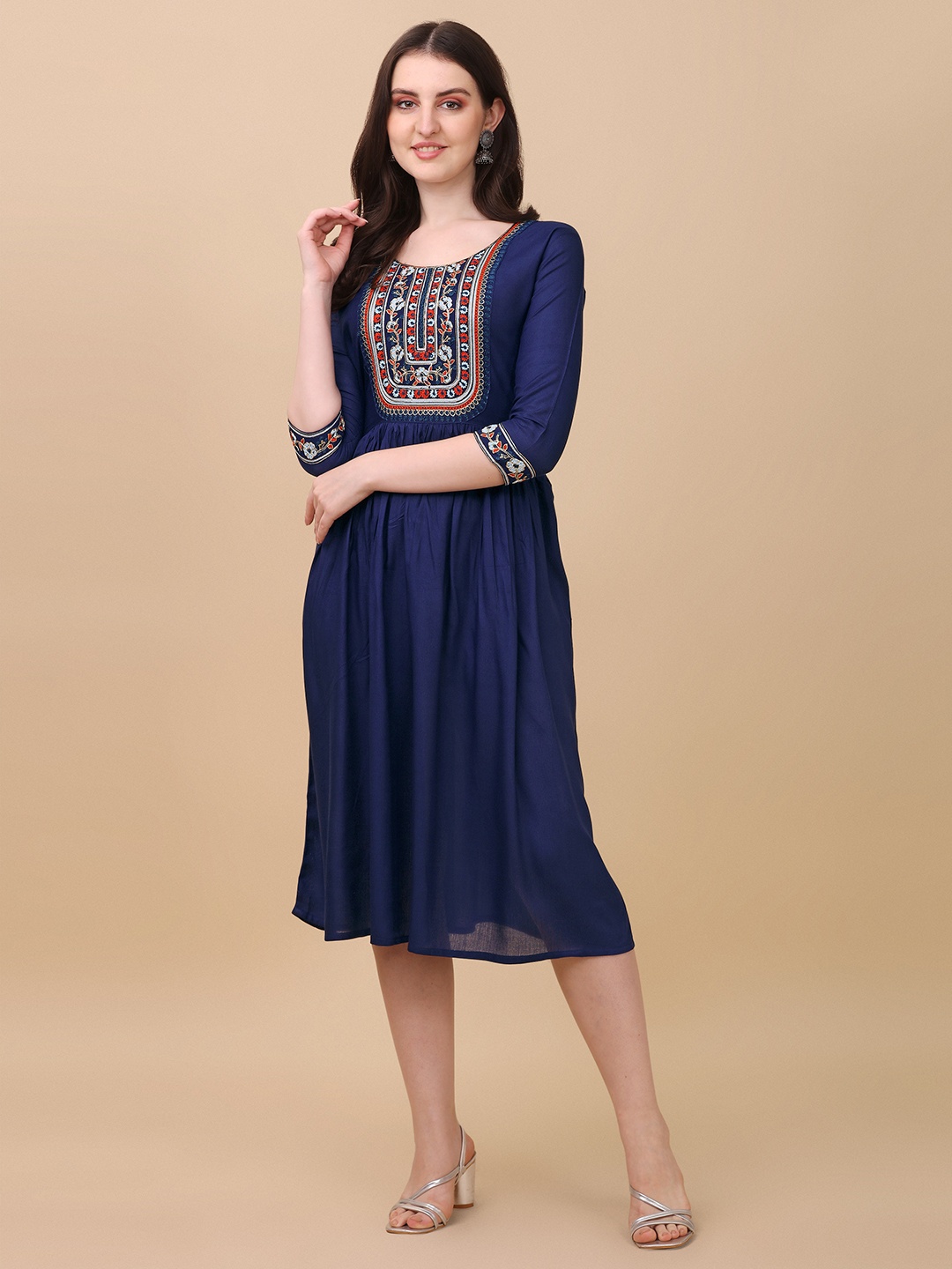 

Paralians Ethnic Motifs Embroidered Ethnic Midi Dress, Blue