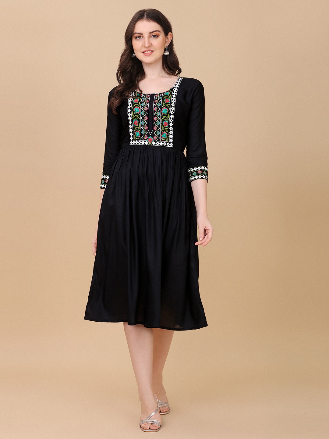 

Paralians Floral Embroidered Ethnic A-Line Midi Dress, Black