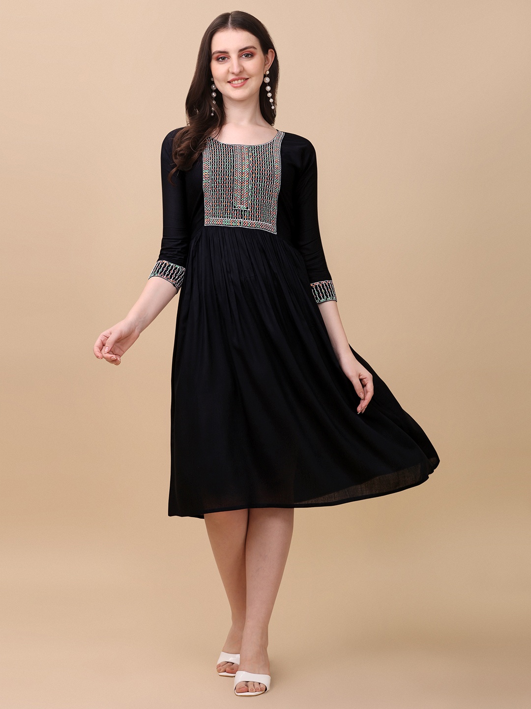 

Paralians Ethnic Motifs Embroidered Ethnic A-Line Dress, Black