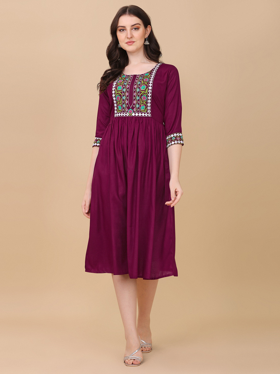 

Paralians Ethnic Motifs Embroidered Ethnic A-Line Midi Dress, Purple