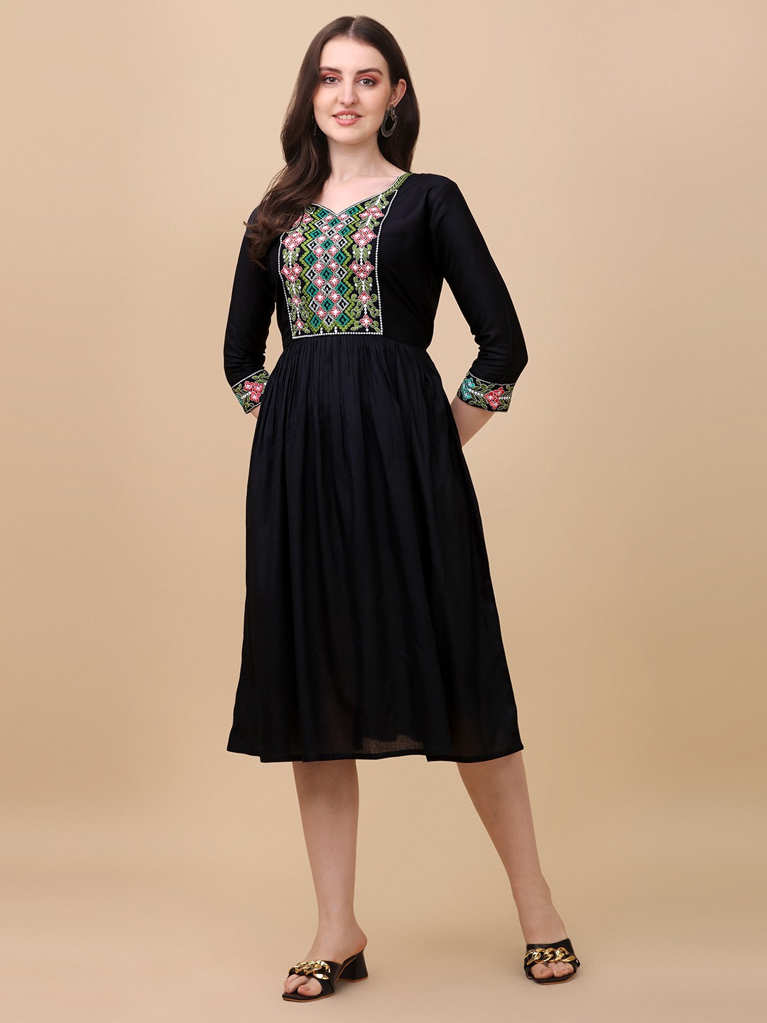 

Paralians Ethnic Motifs Embroidered A-Line Dress, Black