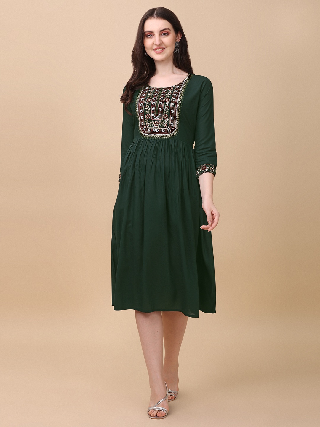

Paralians Ethnic Motifs Embroidered A-Line Dress, Green