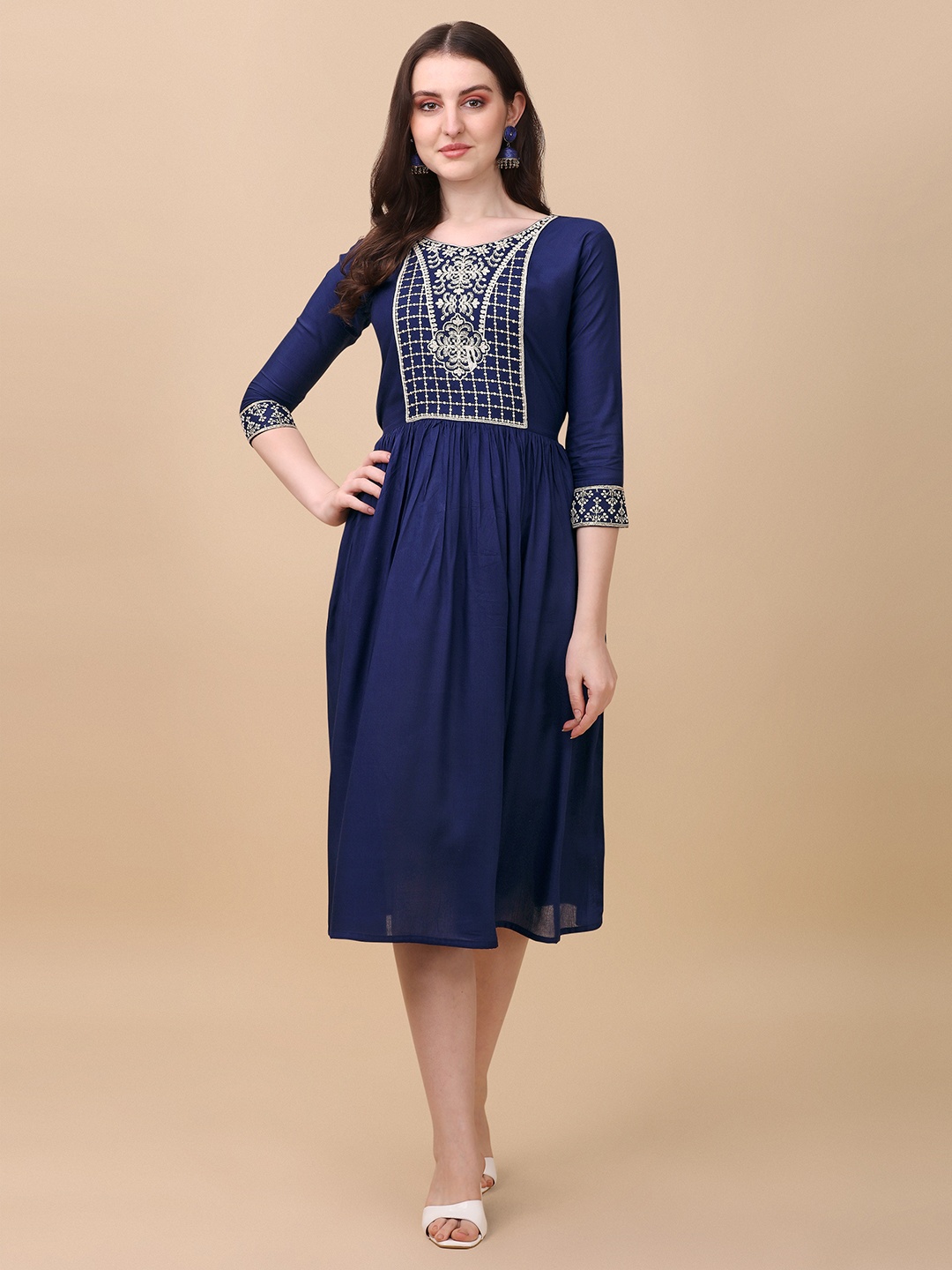 

Paralians Ethnic Motifs Embroidered A-Line Dress, Blue