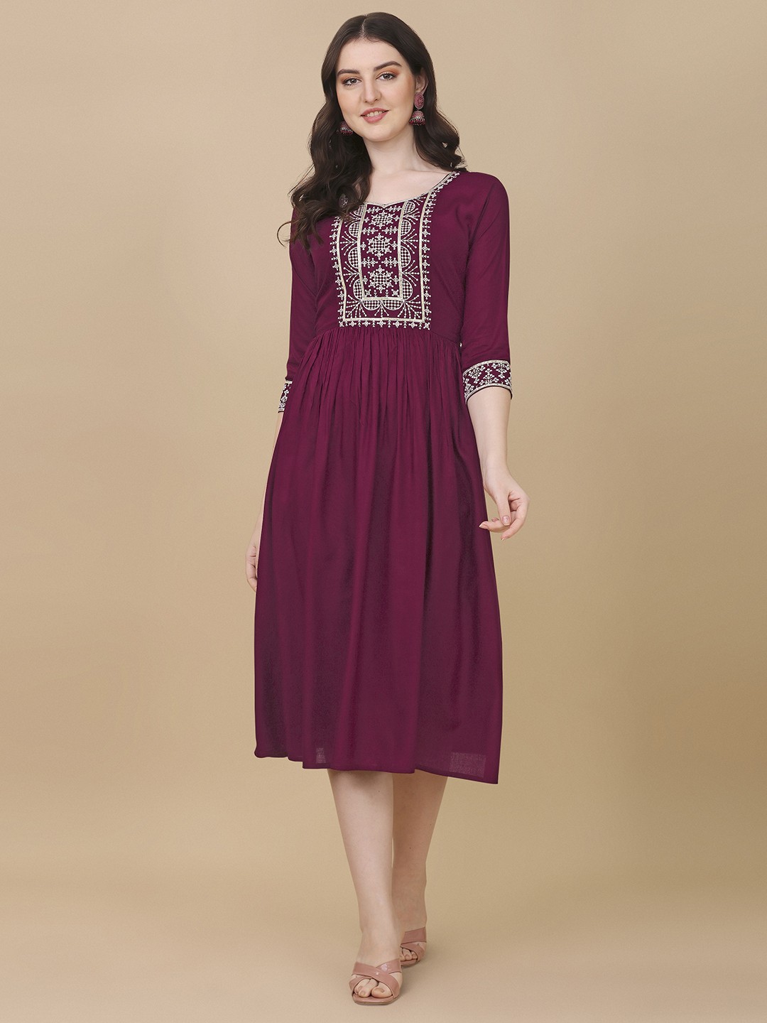 

Paralians Ethnic Motifs Embroidered A-Line Midi Dress, Magenta