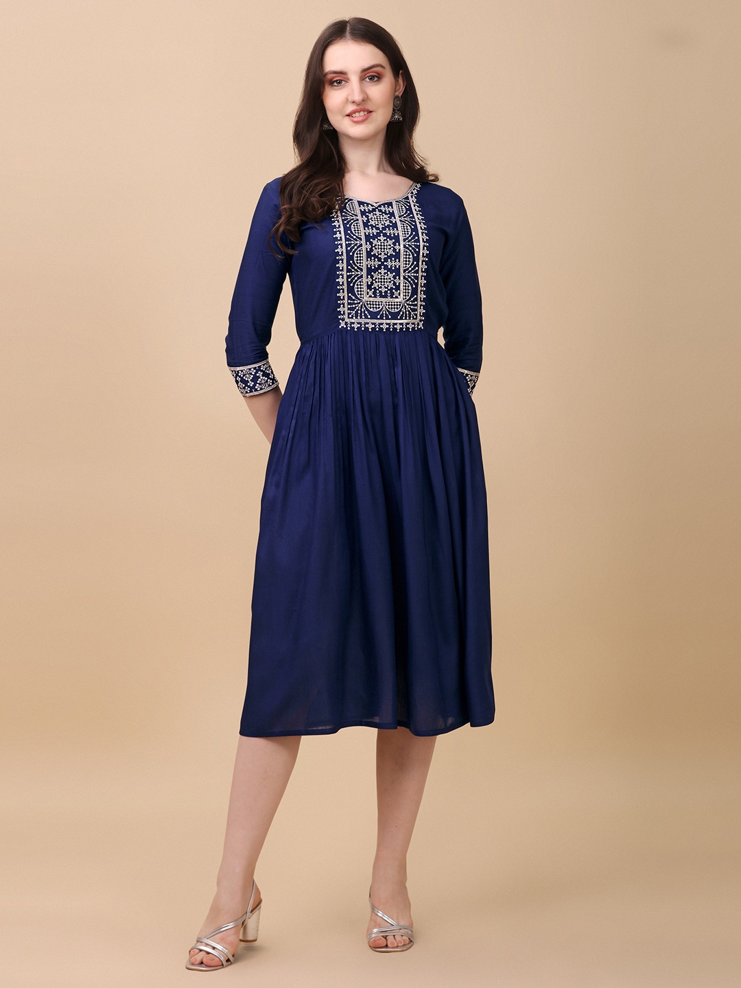 

Paralians Ethnic Motifs Embroidered A-Line Dress, Blue