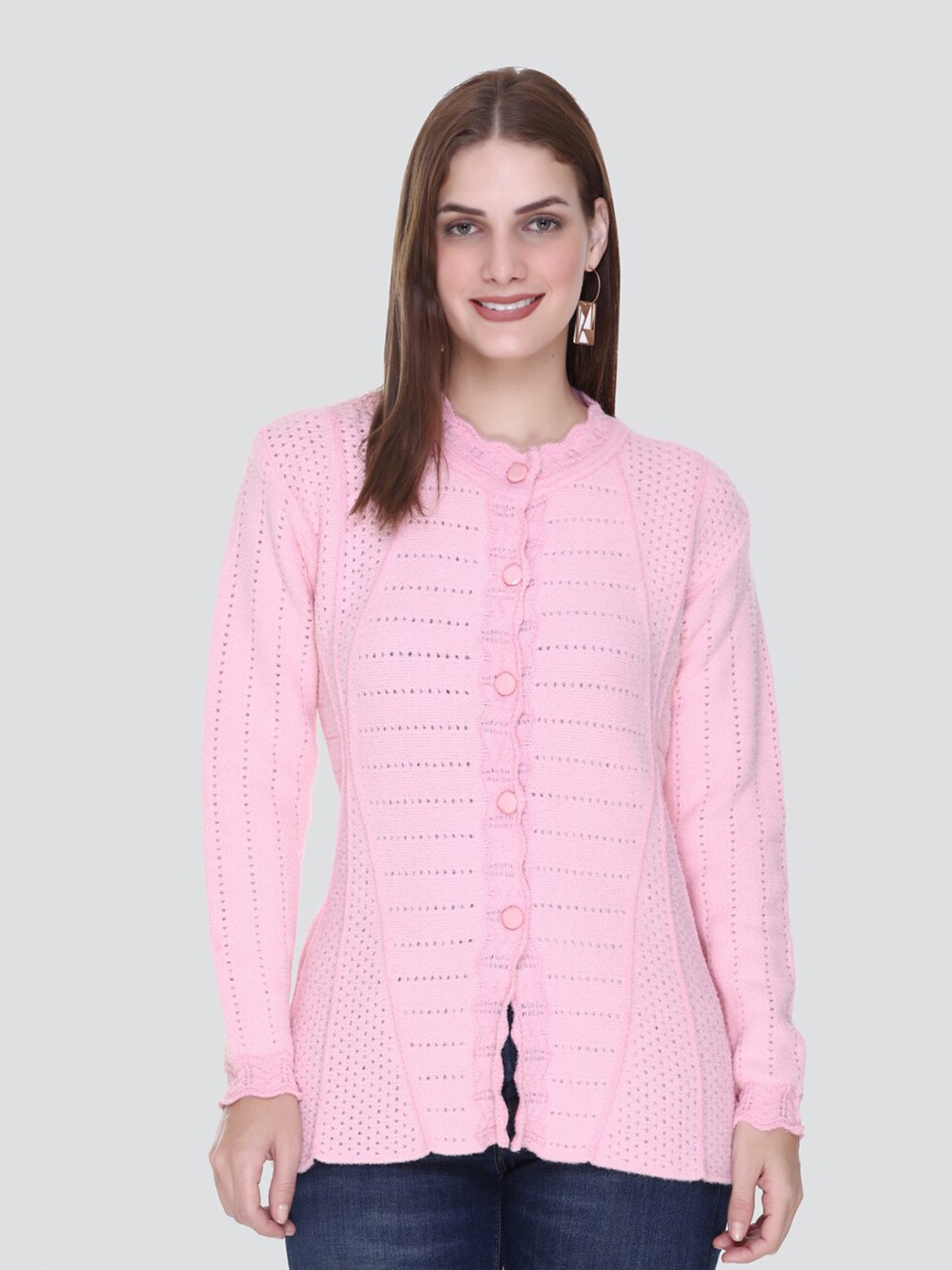 

Arshiya Women Woolen Open Knit Cardigan, Pink