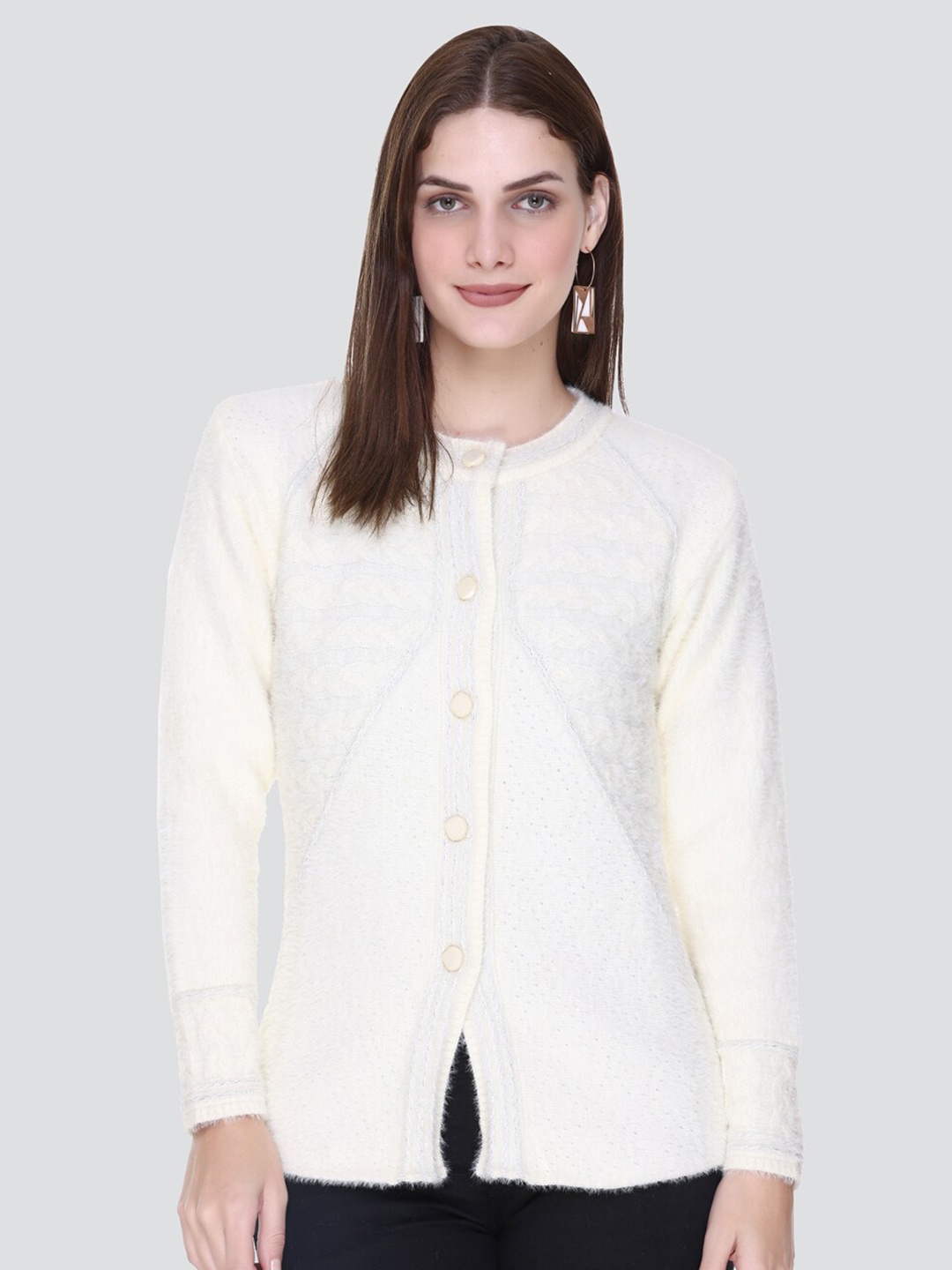 

Arshiya Women Woolen Cable Knit Cardigan, Cream
