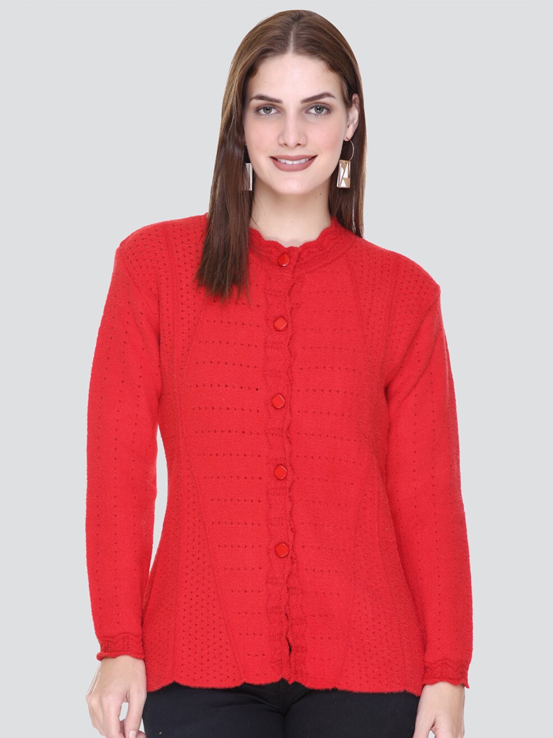 

Arshiya Self Design Round Neck Cardigan Straight Sweaters, Red